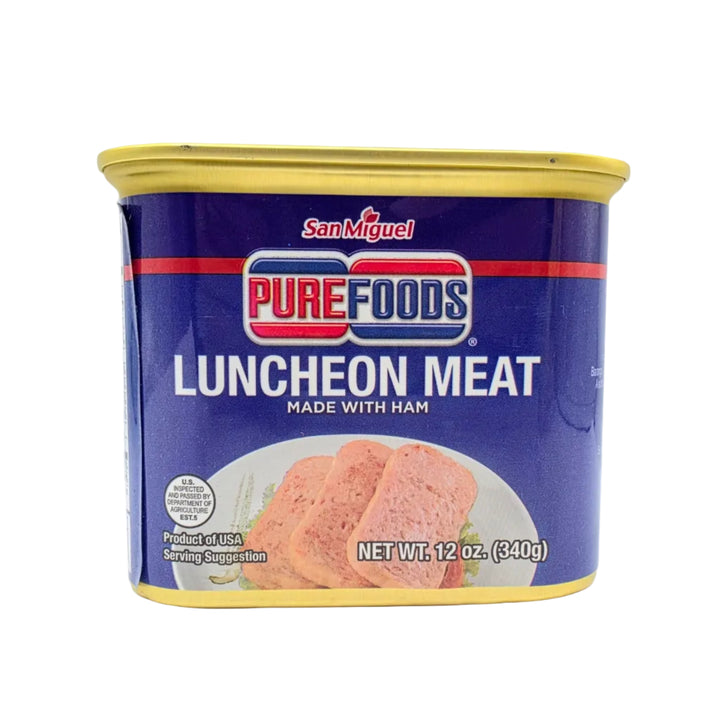 Can of Purefoods luncheon meat on a white background
