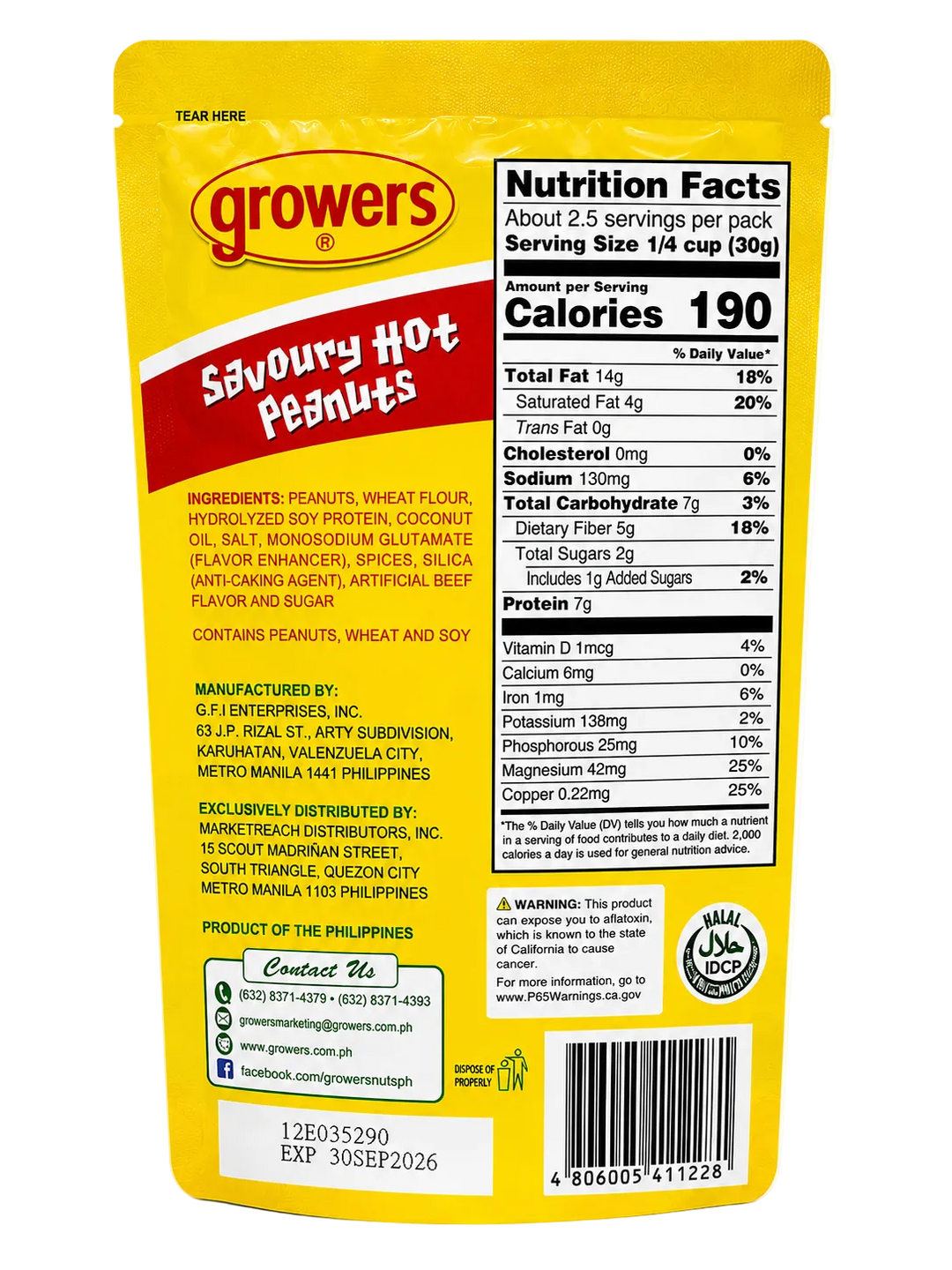 Growers Savoury Hot Peanuts 80g resealable snack pouch, back view showing nutrition facts, ingredients, manufacturer and distributor information, barcode, and product details.