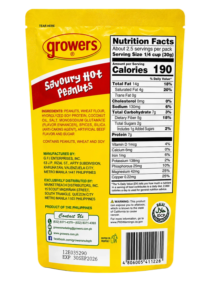 Growers Savoury Hot Peanuts 80g resealable snack pouch, back view showing nutrition facts, ingredients, manufacturer and distributor information, barcode, and product details.