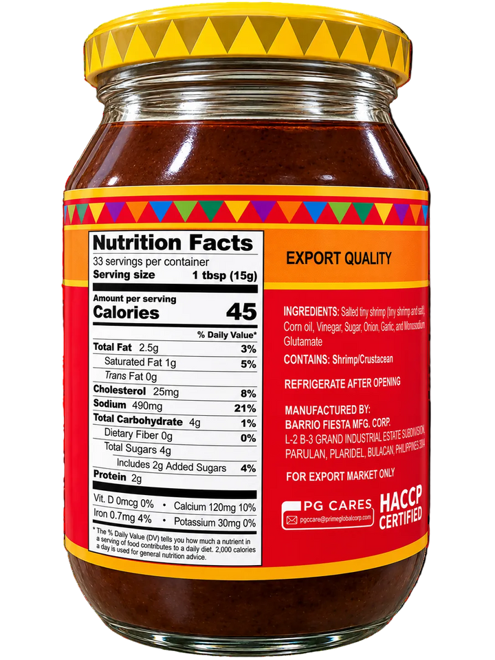 Back label of Barrio Fiesta Ginisang Bagoong Sweet Sautéed Shrimp Paste glass jar, featuring nutrition facts, ingredients, allergen information, and manufacturer details. Nutrition facts show 45 calories per 15g serving.