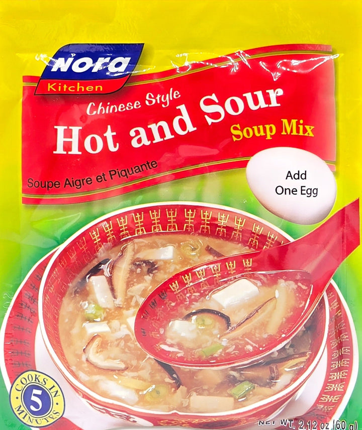 Nora Hot and Sour Soup Mix packaging with a bowl of soup on a yellow background