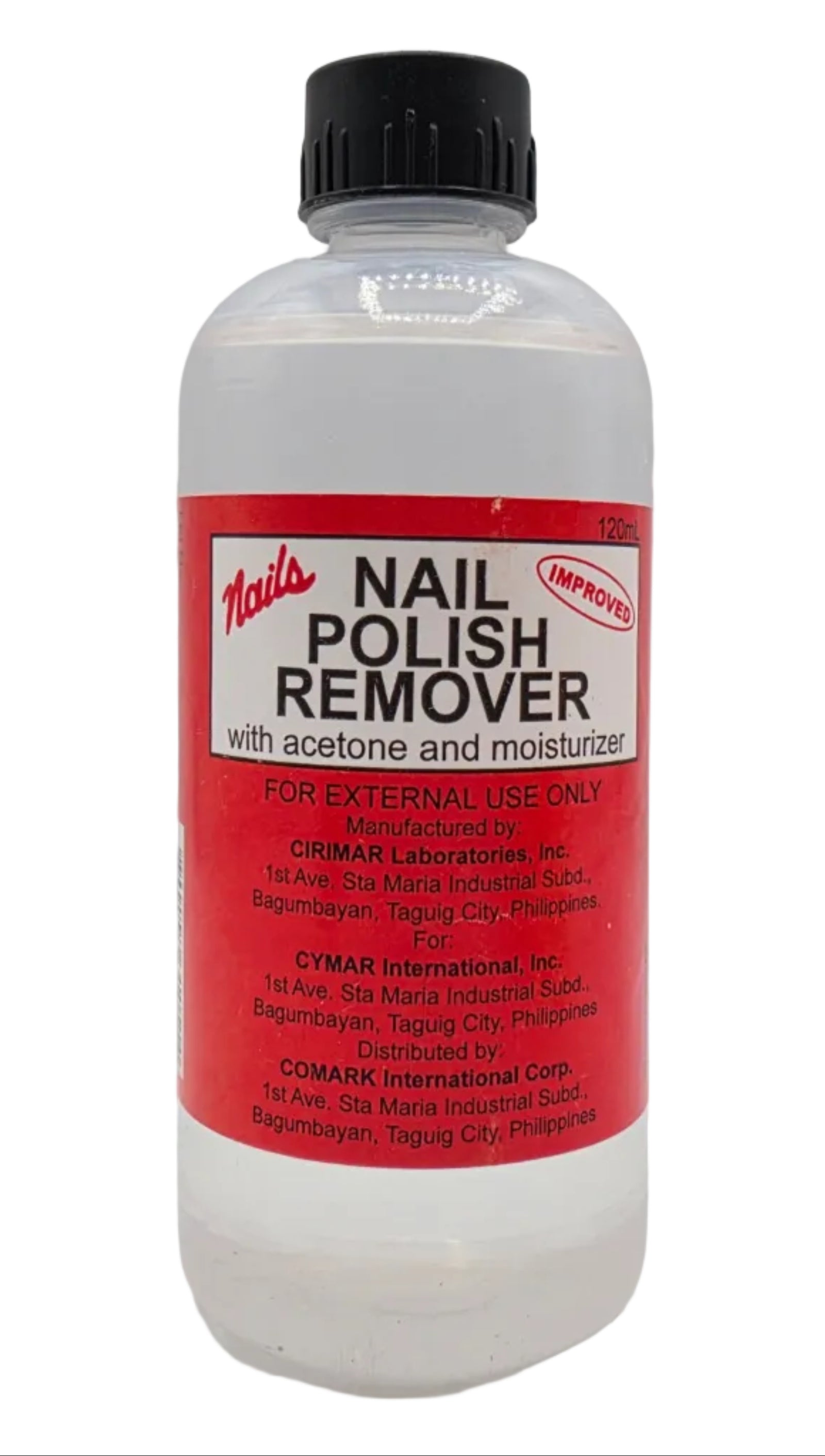 Bottle of nail polish remover with a red label on a white background