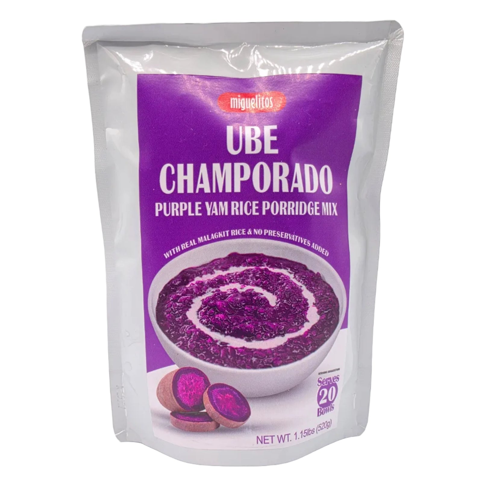 Packaged purple yam product with visible branding on a white background