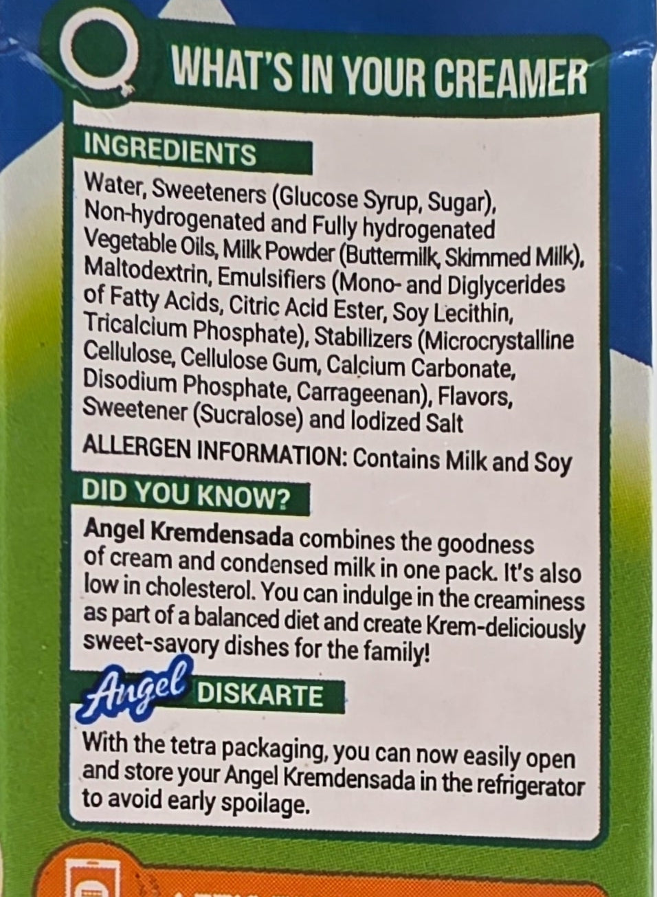 Product packaging with text and recycling symbol on a blue background