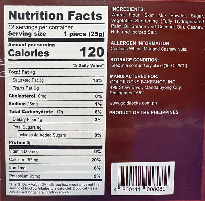 Nutrition facts label and ingredients list on a product packaging with a red background.
