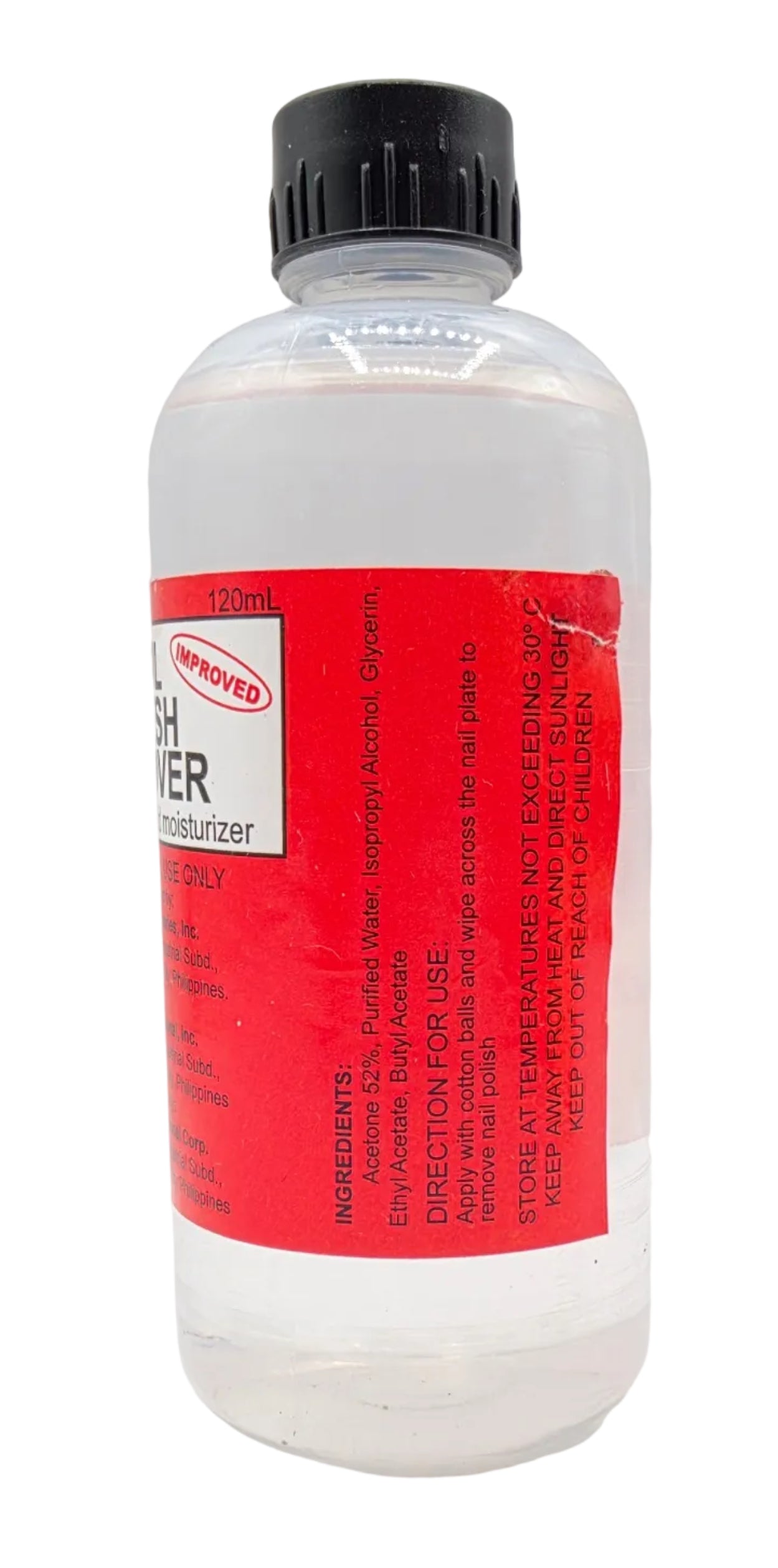 White bottle with a red label on a white background