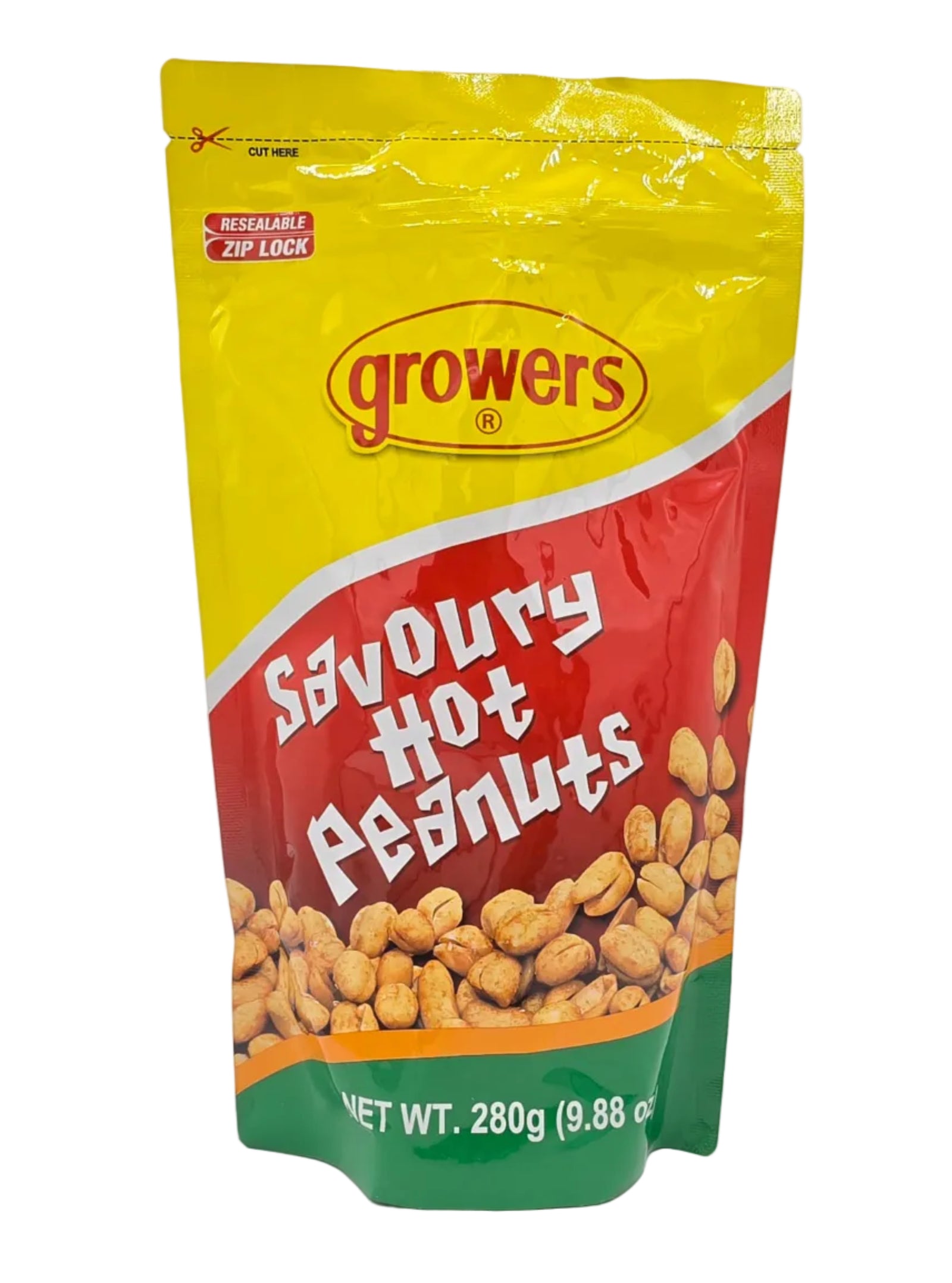 Growers Savory Hot Peanuts Party Pack, 280 g bag, crunchy roasted peanuts coated in a spicy savory seasoning, packaged in a large resealable pouch with bold red and yellow branding and snack imagery.