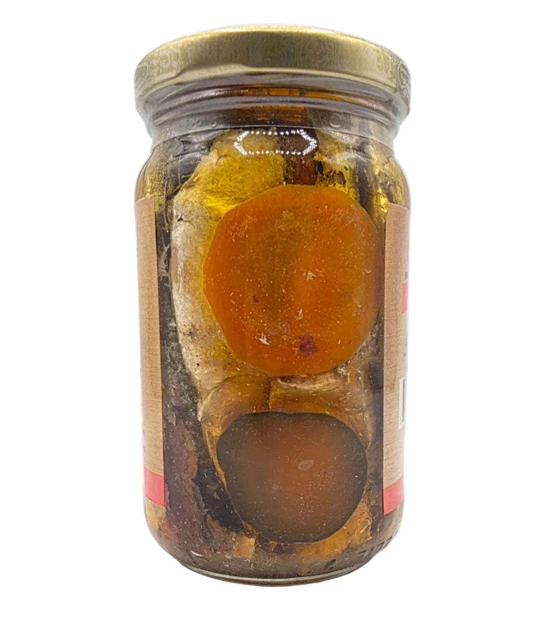 Jar of pickled eggs on a white background