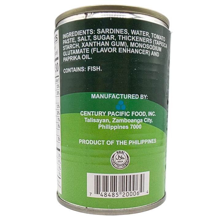 Back of a canned food can with green label and white text on a gray background