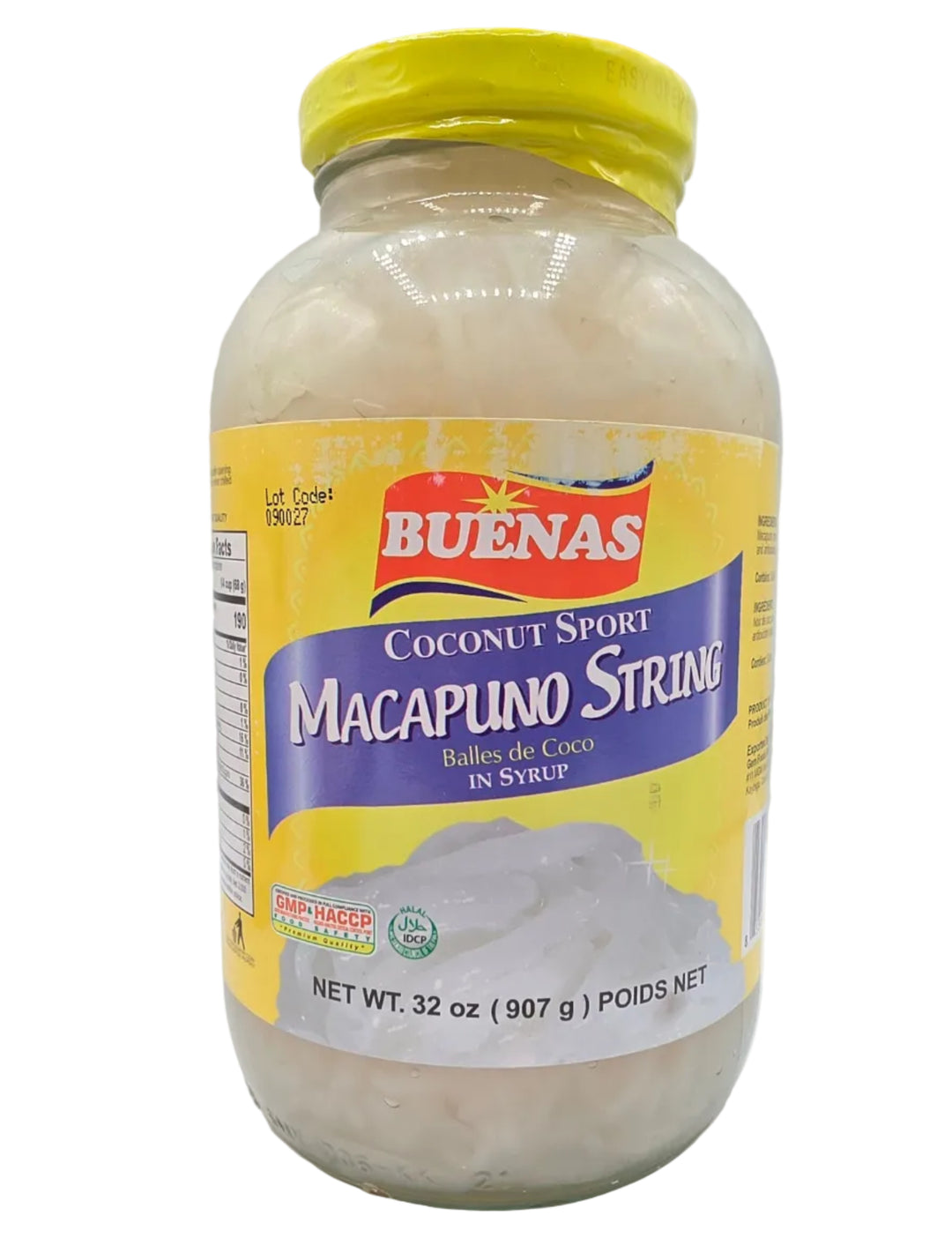 Jar of Buenas Coconut Sport Macapuno Strins on a white background