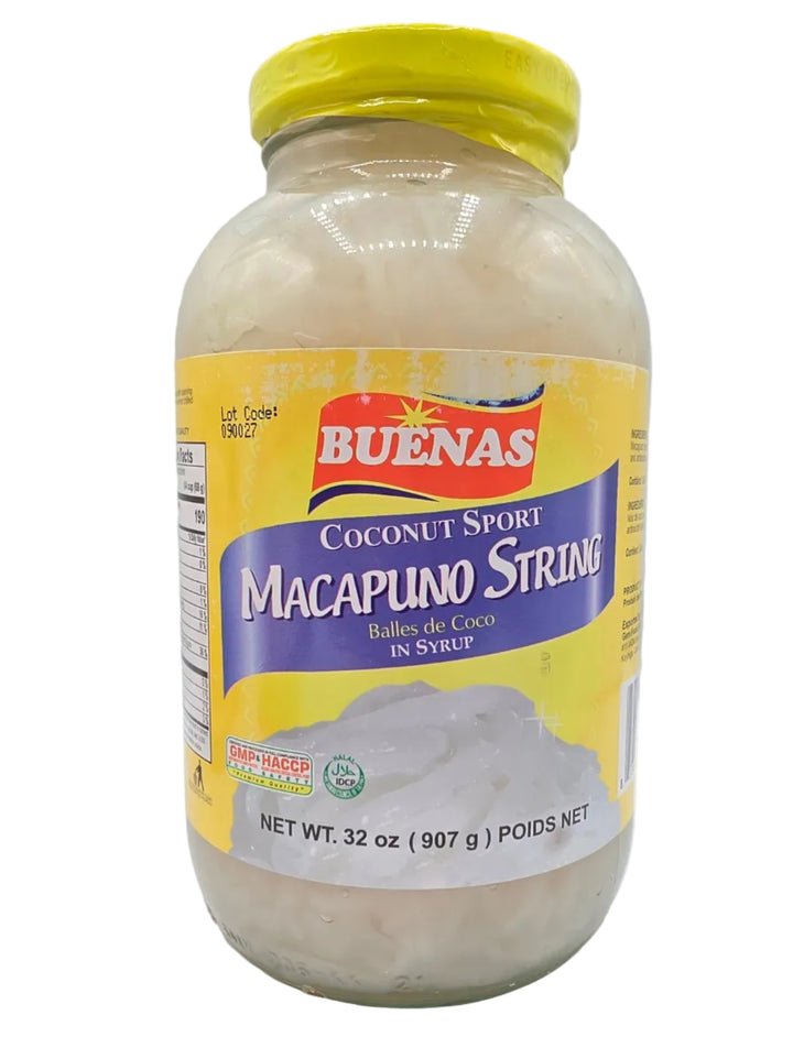 Jar of Buenas Coconut Sport Macapuno Strins on a white background