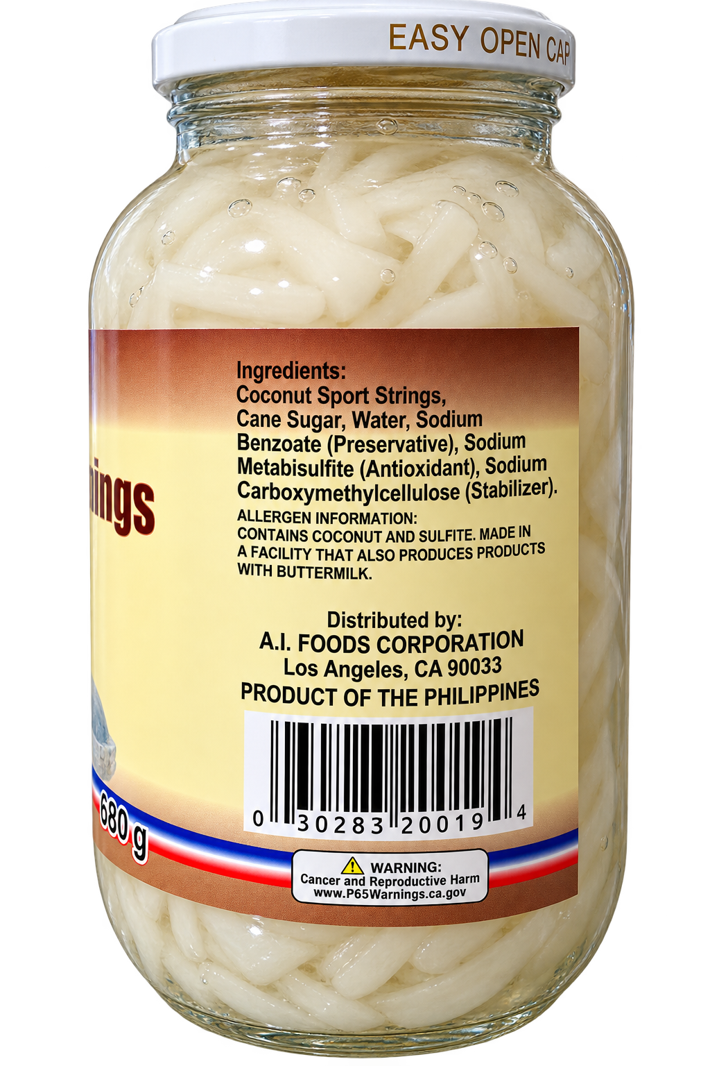 Back label of Gold Medal Coconut Sport Strings in Syrup (Macapuno), 24 oz (680g) glass jar, showing ingredients, allergen information, distributor details, barcode, and Product of the Philippines label.