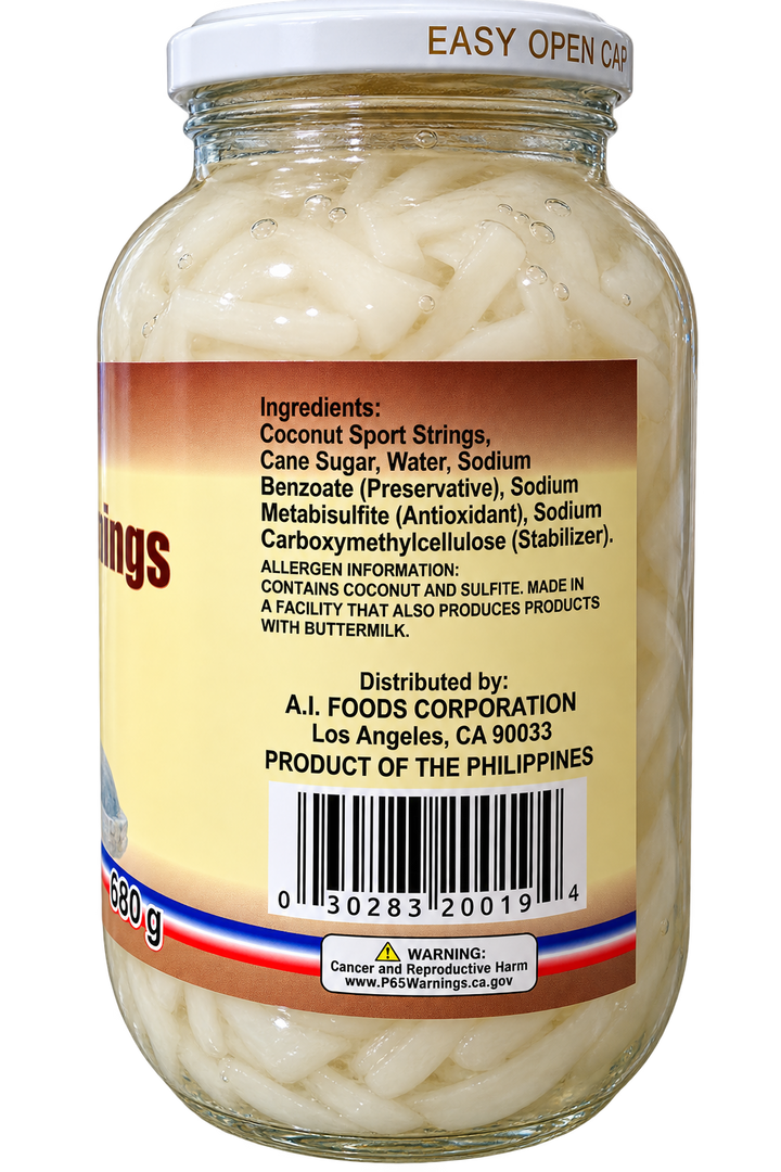 Back label of Gold Medal Coconut Sport Strings in Syrup (Macapuno), 24 oz (680g) glass jar, showing ingredients, allergen information, distributor details, barcode, and Product of the Philippines label.