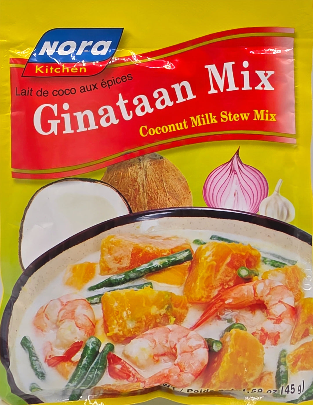 Nora Kitchen Ginataaan Mix package with a coconut milk stew illustration on a yellow background