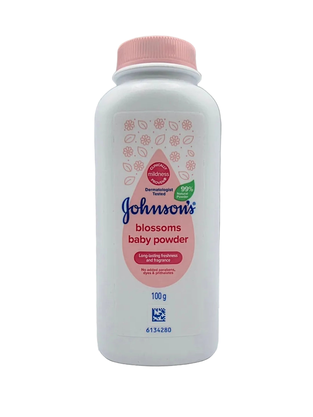 Johnson's Blossoms baby powder bottle on a white background