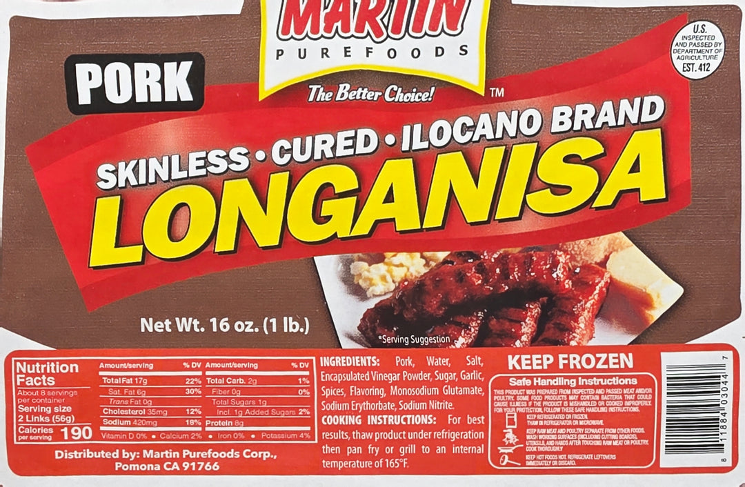Martin Purefoods Pork Skinless Cured Ilocano Brand Longanisa - 16oz