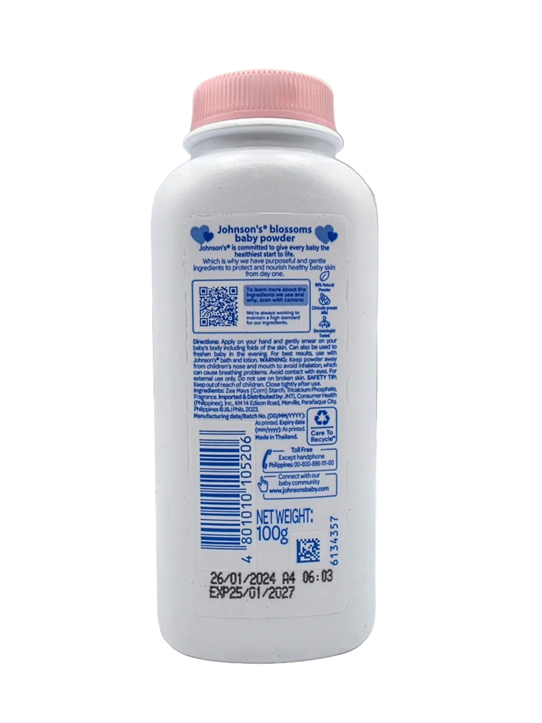 Baby powder bottle with pink cap on a white background