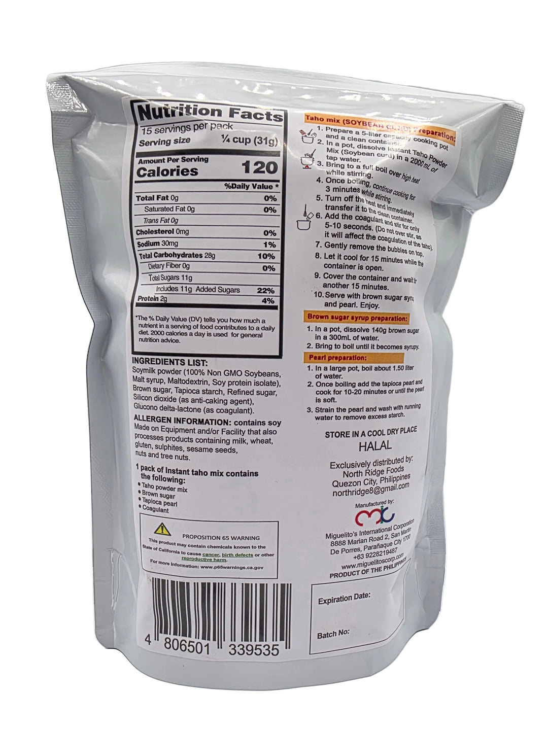 Miguelitos Instant Soy Bean Curd Taho Mix w/ Brown Sugar & Tapioca Pearl Inside - 485g