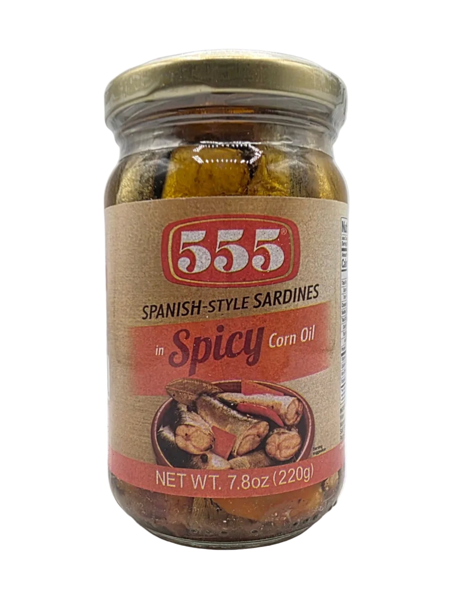 Jar of 555 Spanish-style sardines in spicy corn oil on a white background