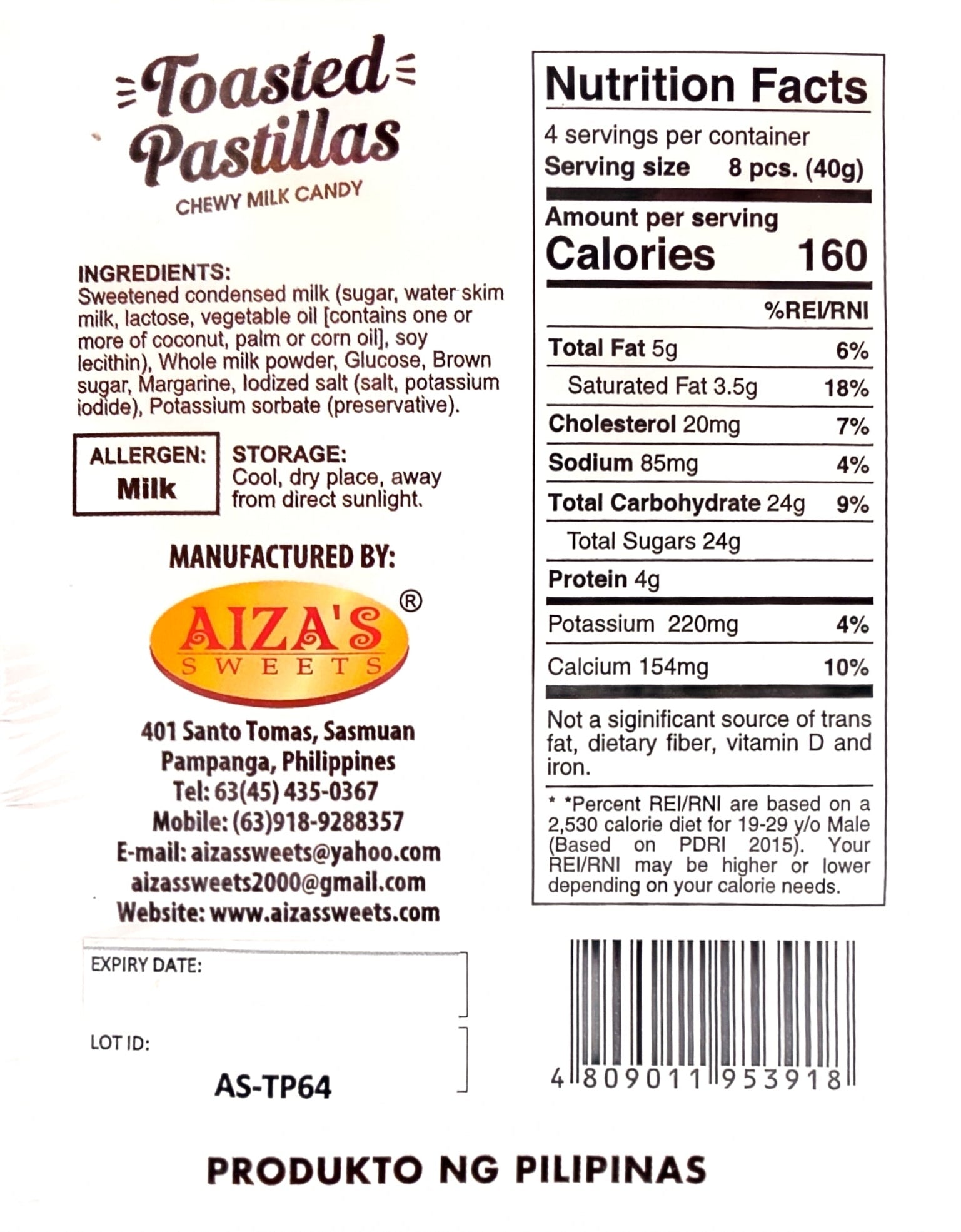 Nutrition facts label and ingredients list for Toasted Pastillas Pastillas with Aizaz Sweets branding.