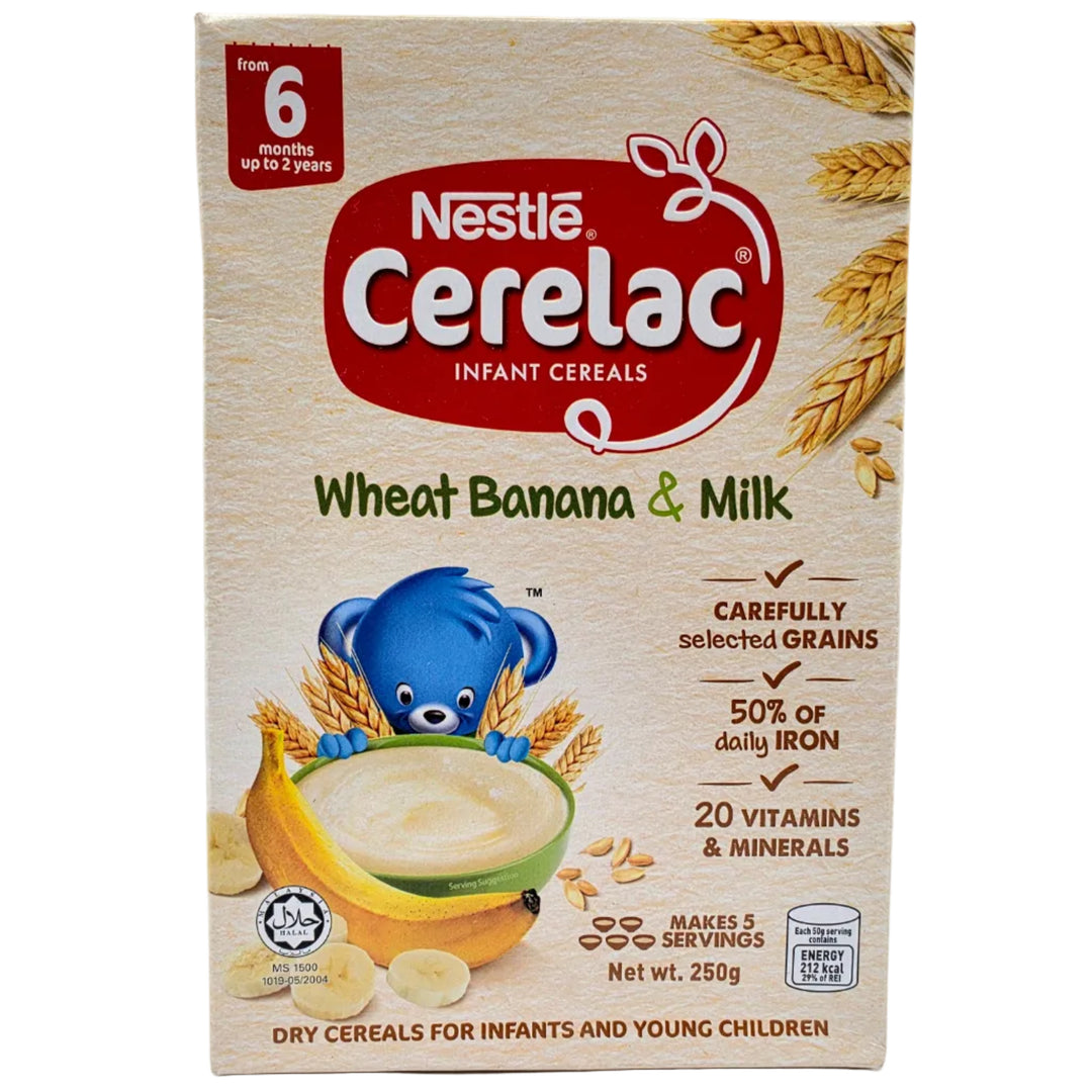 Nestle Cerelac infant cereal box with wheat, banana, and milk on a white background