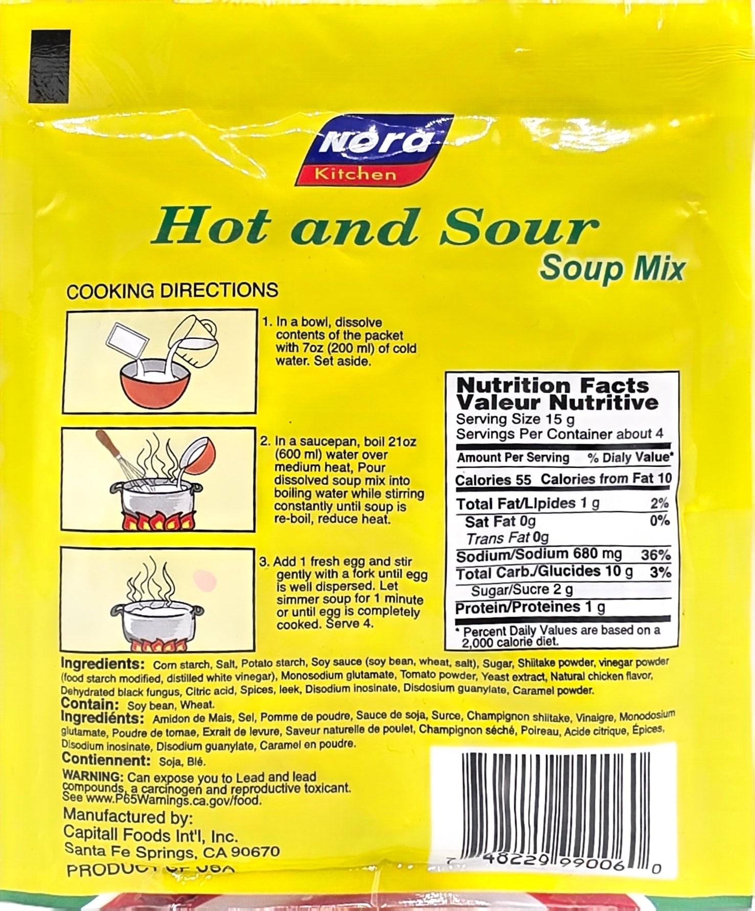 Yellow package of Nora Hot and Sour Soup Mix with cooking instructions and brand logo.