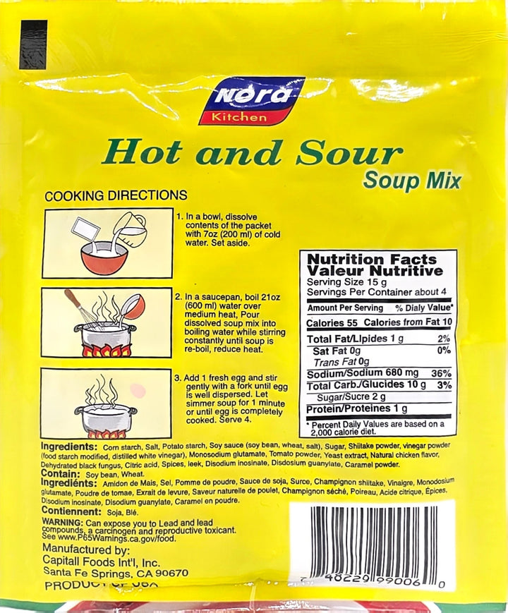 Yellow package of Nora Hot and Sour Soup Mix with cooking instructions and brand logo.