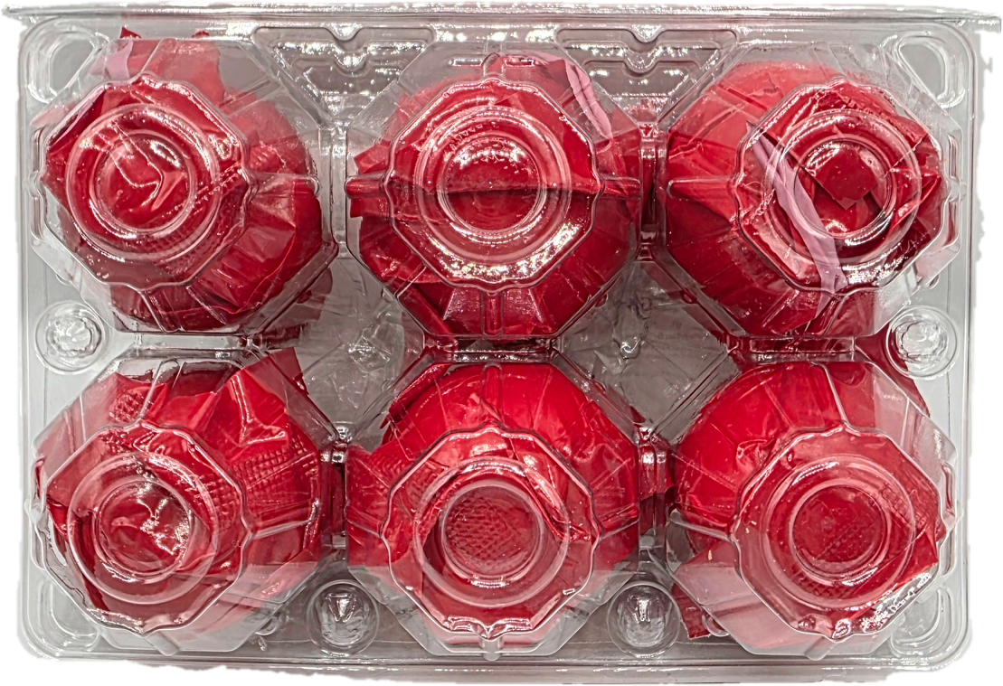 Six red roses in a clear plastic packaging tray