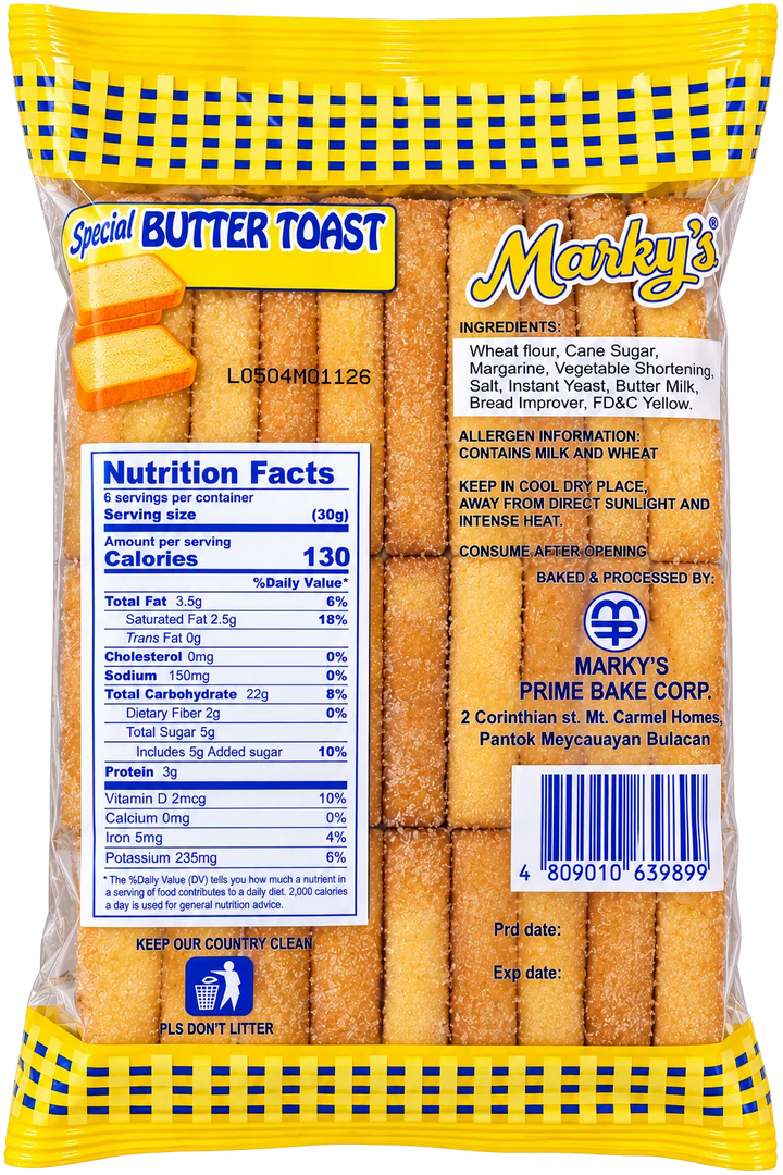 Back of Marky's Special Butter Toast 150g package showing ingredients, nutrition facts, allergen information, manufacturer details, and barcode.