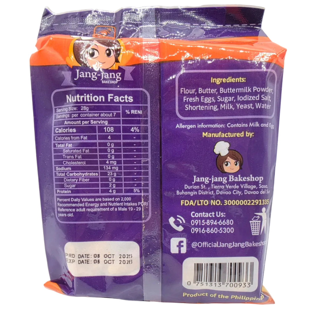 Back view of a Jang-Jang Bakeshop product packaging with nutritional information and contact details.