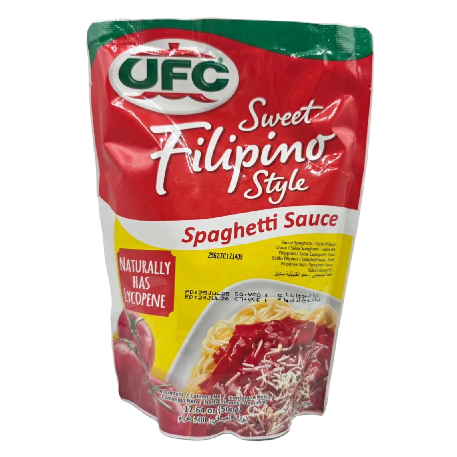 Packaged spaghetti sauce with UFC branding on a white background