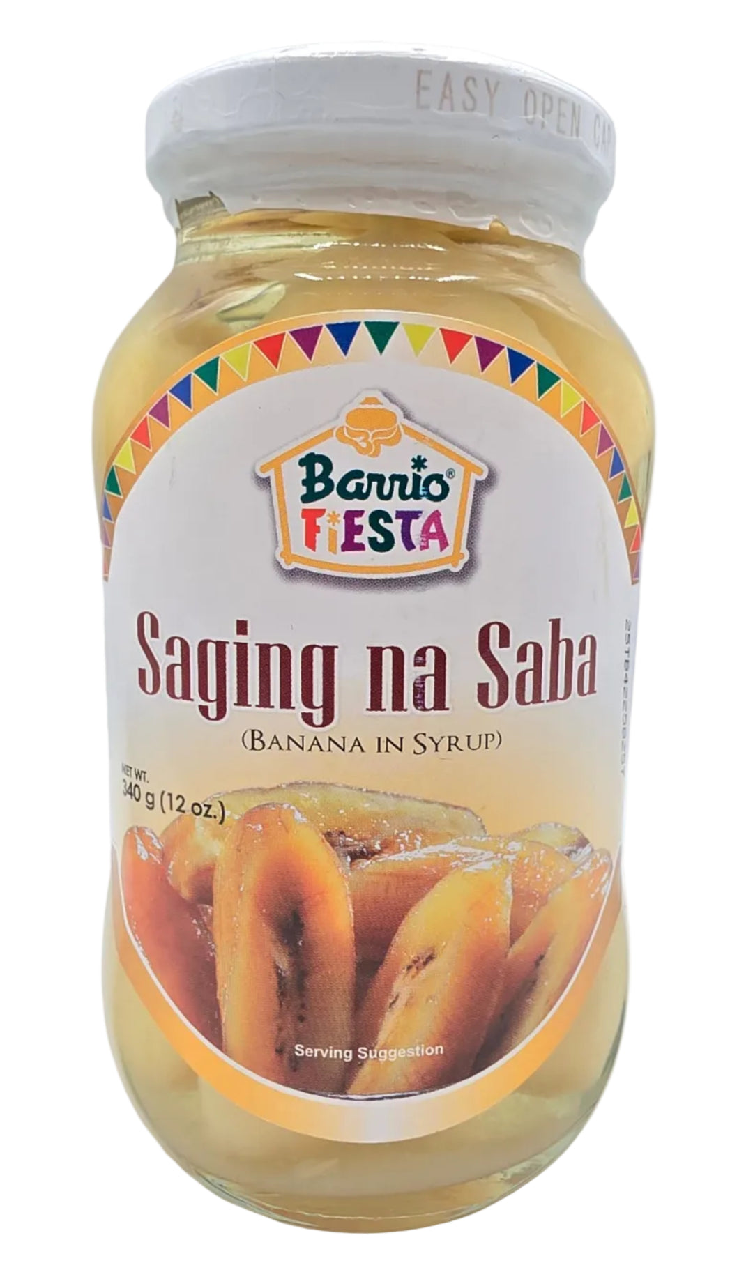Jar of banana in syrup with colorful label on a white background