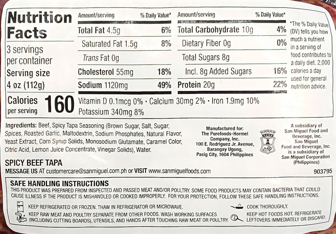 San Miguel Purefoods SPICY Beef Tapa - 12oz