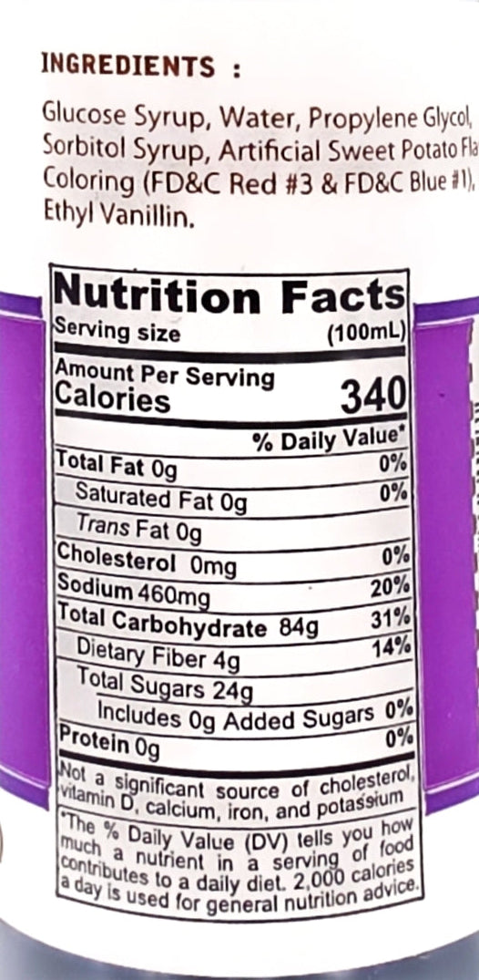 Nutrition facts label on a product packaging with a purple background