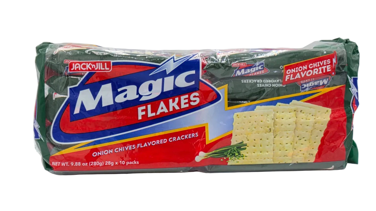 Jack ‘n Jill Magic Flakes Onion & Chives Flavored Crackers, 28 g x 10 (280 g total), light and crispy salted crackers with savory onion and chives seasoning, packaged in a multi-pack box with green-accented branding and snack imagery.
