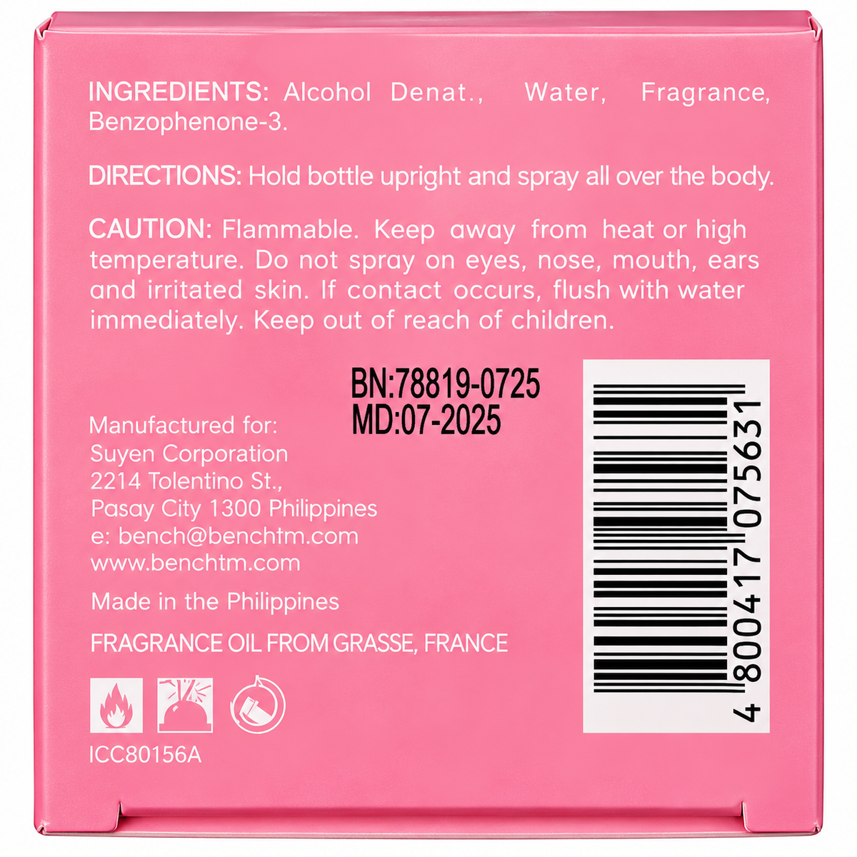 Back packaging of BENCH/ So In Love Eau de Toilette 50 mL in a pink box, displaying ingredients, directions for use, safety warnings, manufacturer information, batch number, and barcode. Made in the Philippines.