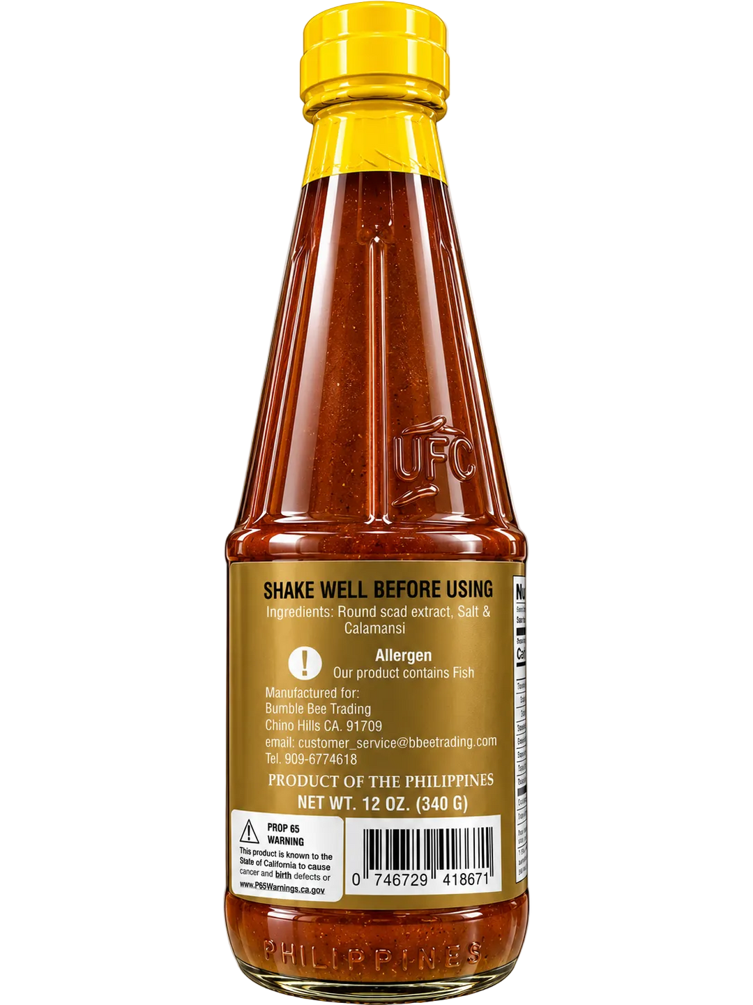 Back label of Pride of Pangasinan Premium Balayan Fish Sauce with Calamansi, 12 oz (340g) glass bottle with yellow cap. Displays ingredients, fish allergen warning, manufacturer information, product of the Philippines, barcode, and storage instructions.