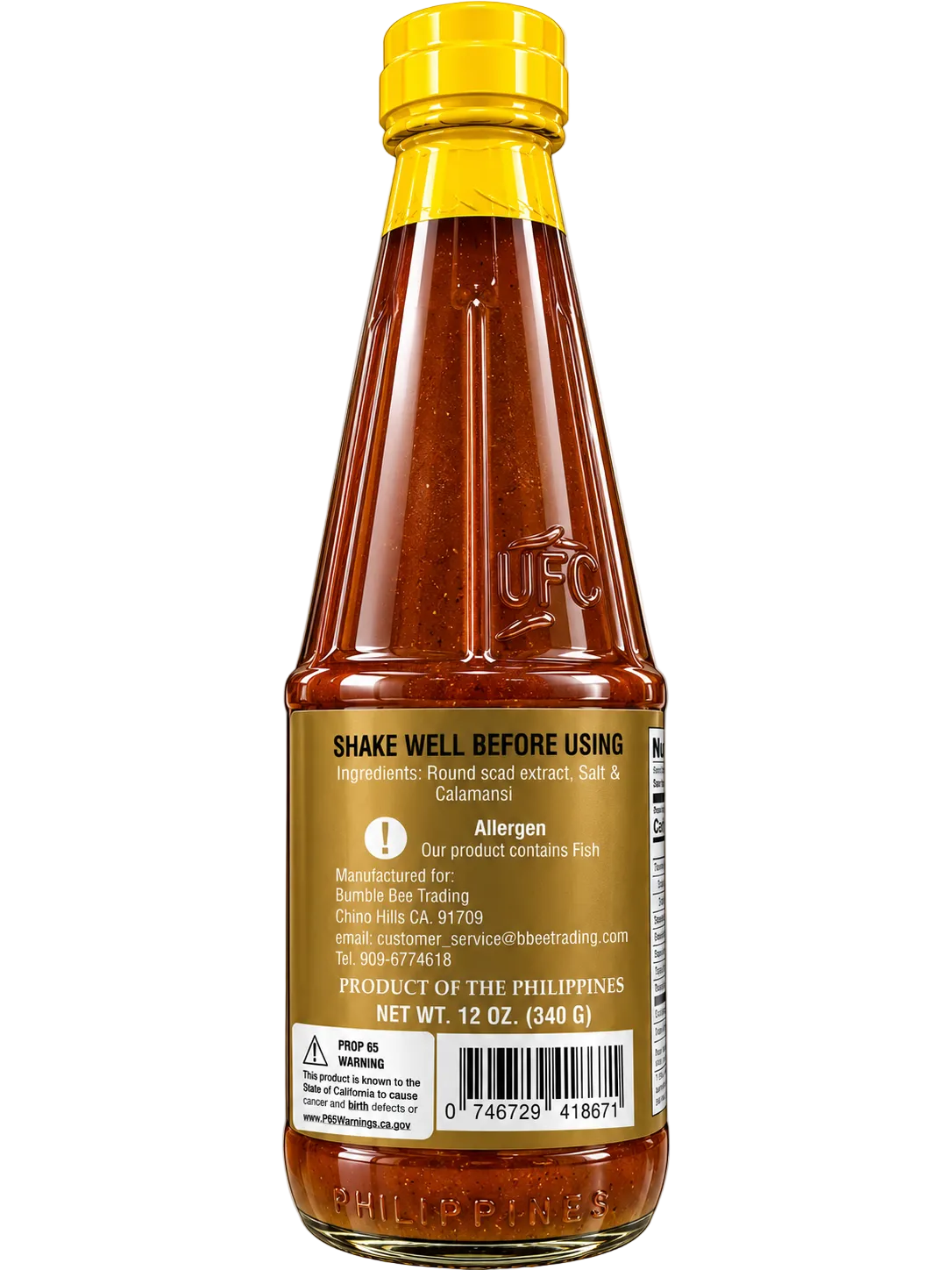 Back label of Pride of Pangasinan Premium Balayan Fish Sauce with Calamansi, 12 oz (340g) glass bottle with yellow cap. Displays ingredients, fish allergen warning, manufacturer information, product of the Philippines, barcode, and storage instructions.