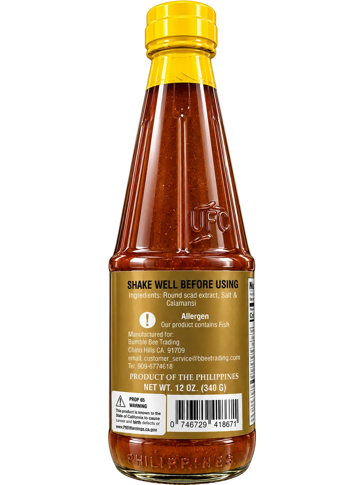 Back label of Pride of Pangasinan Premium Balayan Fish Sauce with Calamansi, 12 oz (340g) glass bottle with yellow cap. Displays ingredients, fish allergen warning, manufacturer information, product of the Philippines, barcode, and storage instructions.