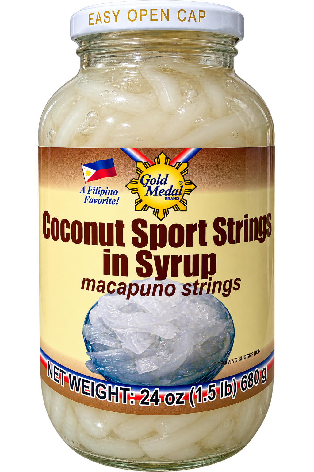 Gold Medal Coconut Sport Strings in Syrup (Macapuno Strings), 24 oz (680g) glass jar. Sweet Filipino coconut strips in syrup, perfect for halo-halo, desserts, and other Filipino treats.