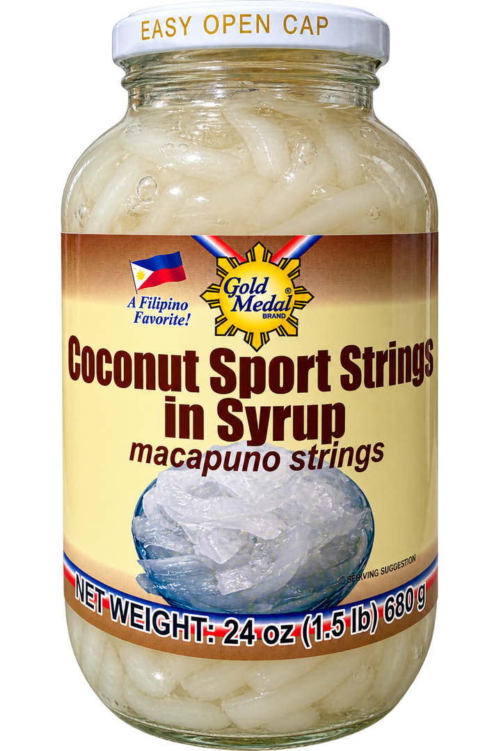 Gold Medal Coconut Sport Strings in Syrup (Macapuno Strings), 24 oz (680g) glass jar. Sweet Filipino coconut strips in syrup, perfect for halo-halo, desserts, and other Filipino treats.