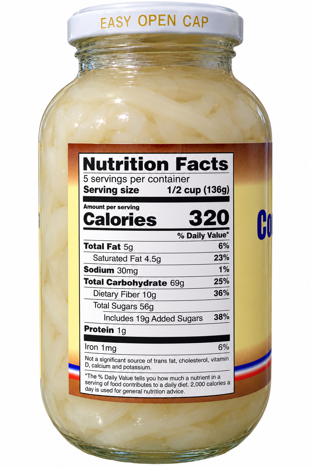 Gold Medal Coconut Sport Strings in Syrup (Macapuno), 24 oz (680g) glass jar, showing the Nutrition Facts label with 320 calories per 1/2 cup (136g) serving, 5 servings per container, and detailed nutritional information. Product of the Philippines.
