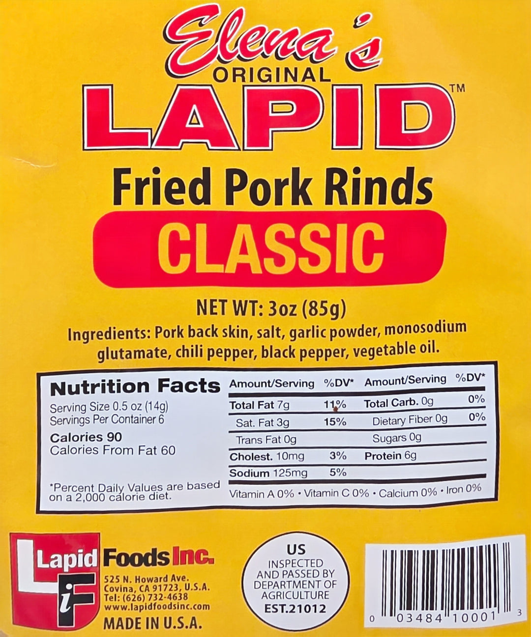 Elena's Original Lapid Fried Pork Rinds Classic Flavor - 3oz