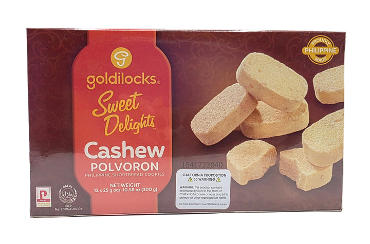 Box of Goldilocks Sweet Delights Cashew Polvoron cookies on a white background