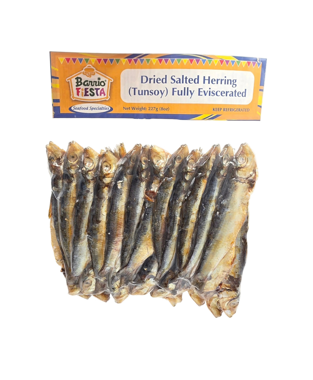 Dried salted herring with Boni Festa packaging on a white background