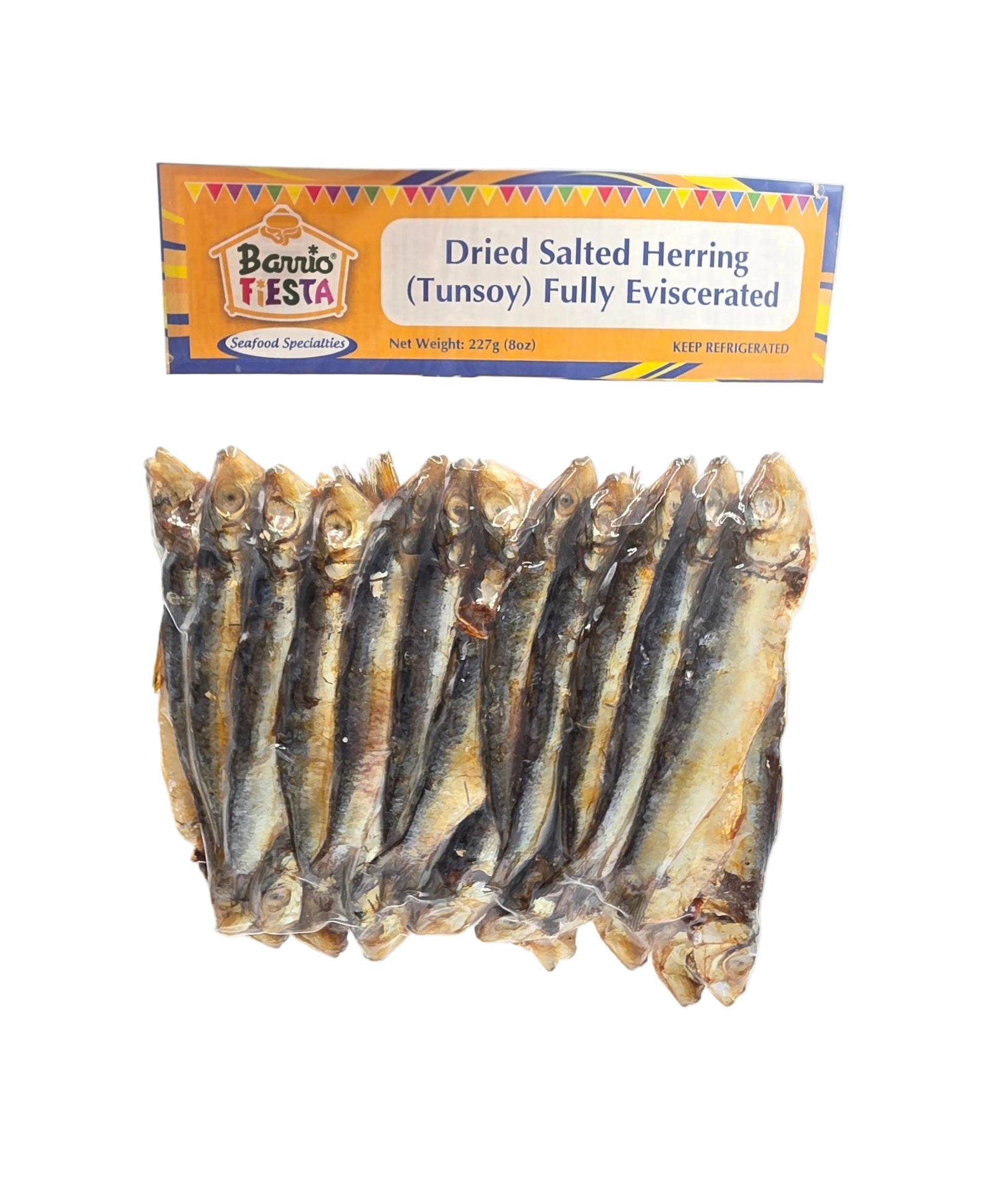Dried salted herring with Boni Festa packaging on a white background