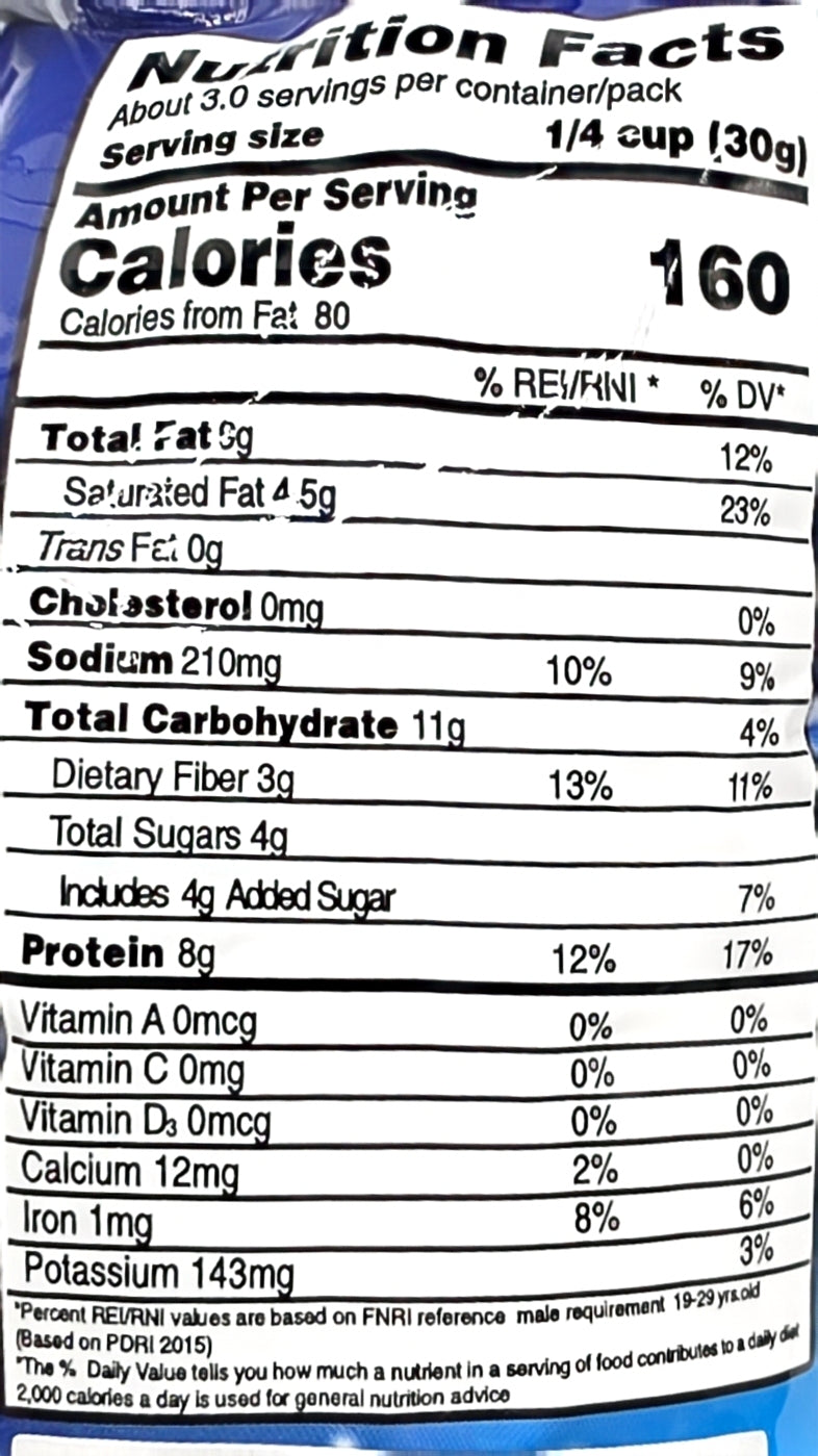 Nutrition facts label for a product with blue packaging