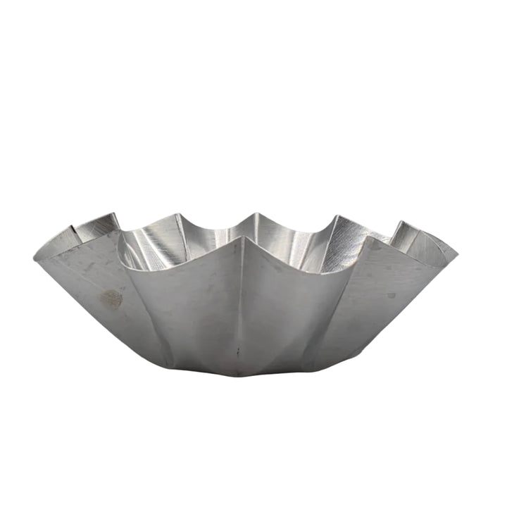 Aluminum mamon holders, 4-piece pack, lightweight and reusable baking molds designed for holding mamon or cupcakes, with a smooth metallic finish and fluted edges.