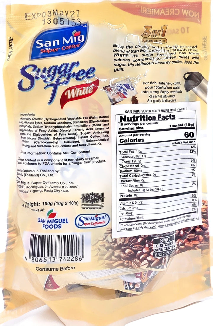 San Mig Super Coffee Sugar Free White 3-in-1 Coffee Mix- 10 Sachets