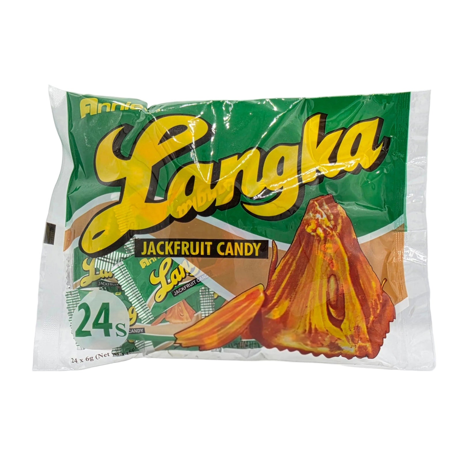 Annie’s Langka Jackfruit Candy, 24-piece pack, 145 g, chewy jackfruit-flavored candies with a sweet tropical taste, individually wrapped and packaged in a bright, colorful wrapper featuring jackfruit imagery.